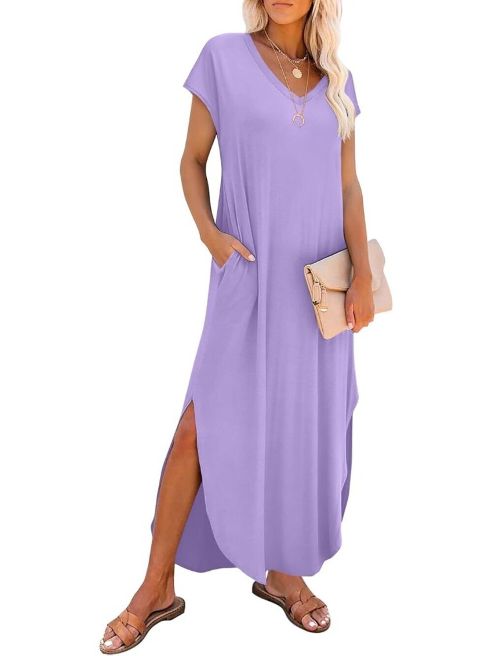 Women's Lilac V Neck Cap Sleeve Long With Pockets Pull On Casual Maxi Dresses